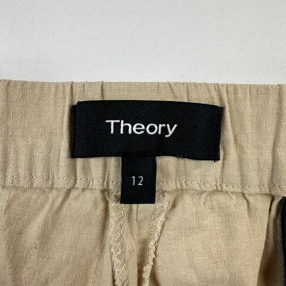 Theory Basic Pull On Pants Womens 12 Khaki Organic Crunch Wash Linen Crop Ankle - Picture 4 of 12